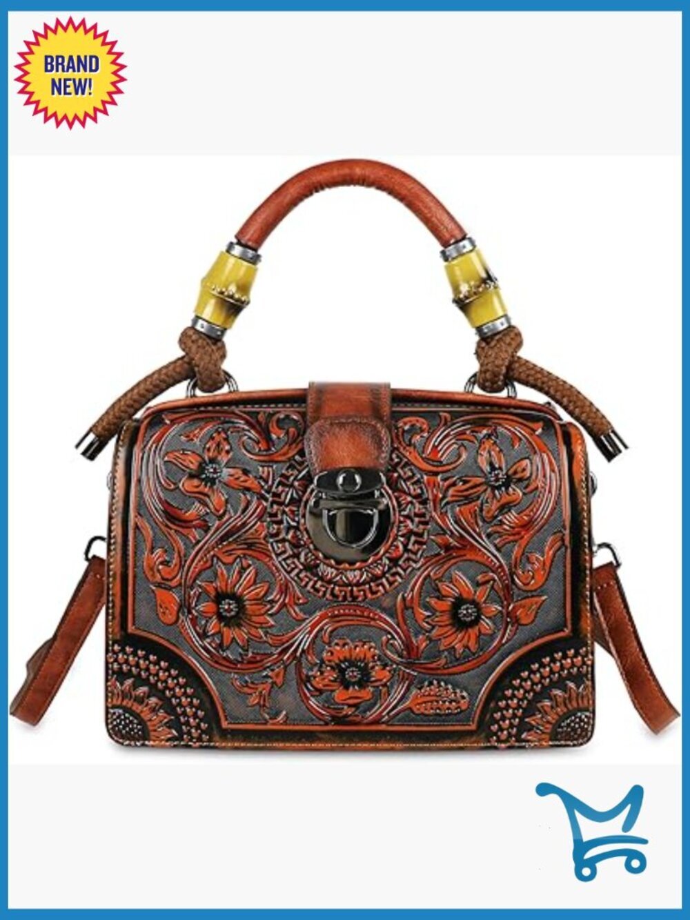 Vegan Leather Satchel Crossbody Bag with Adjustable Strap and Floral Embossing